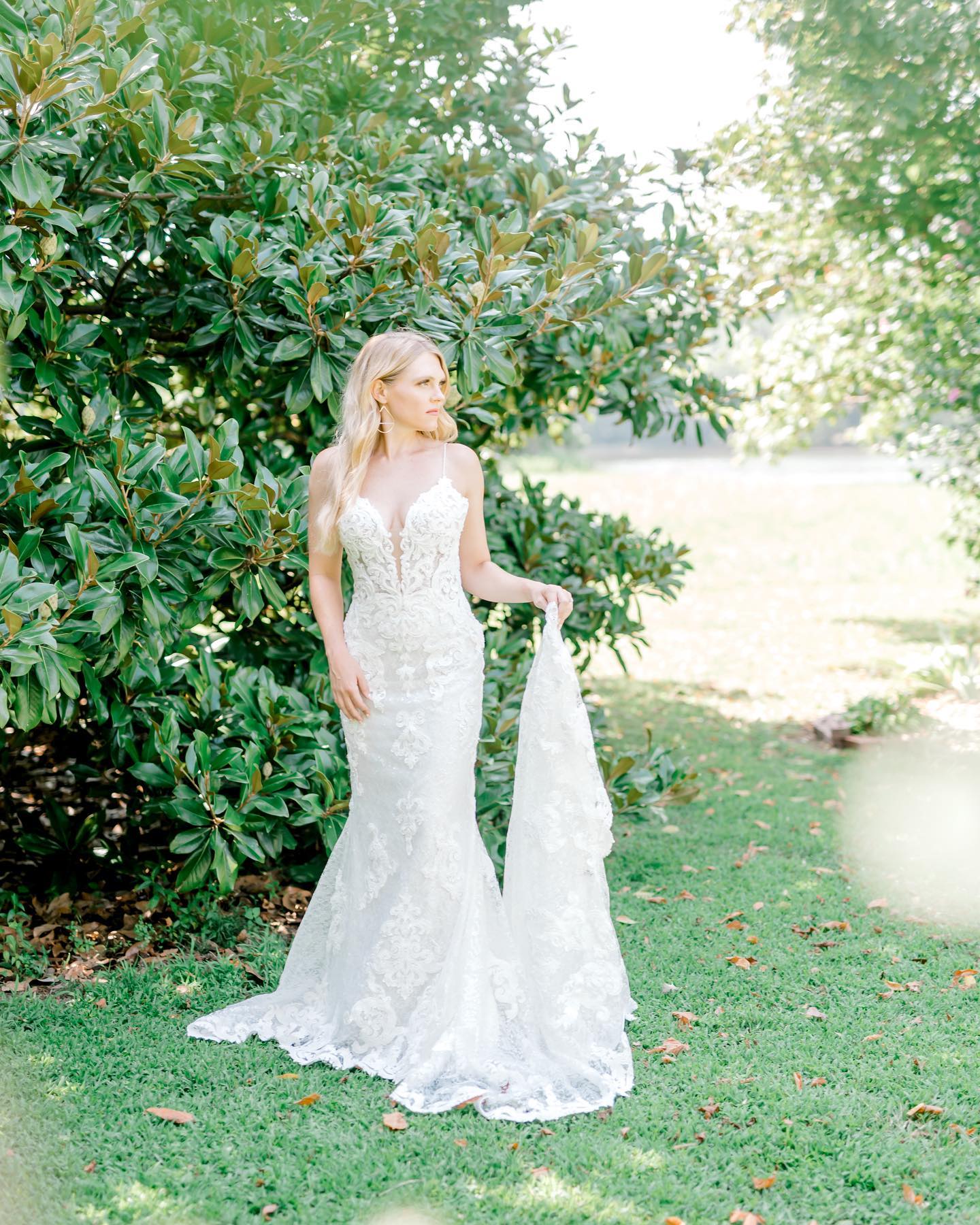 Bride posing editorially in front of a large bush, train of dress in hand